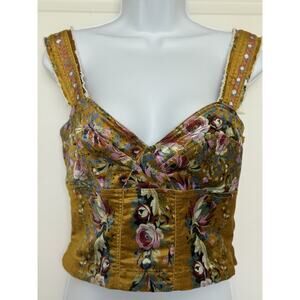 Anthropologie PILCRO Corset Seamed Floral Velvet Mustard‎ Tank Top Size 6 EUC